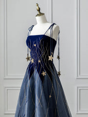 Blue Spaghetti Strap Velvet Long Prom Dress with Star, Blue Evening Dress Party Dress