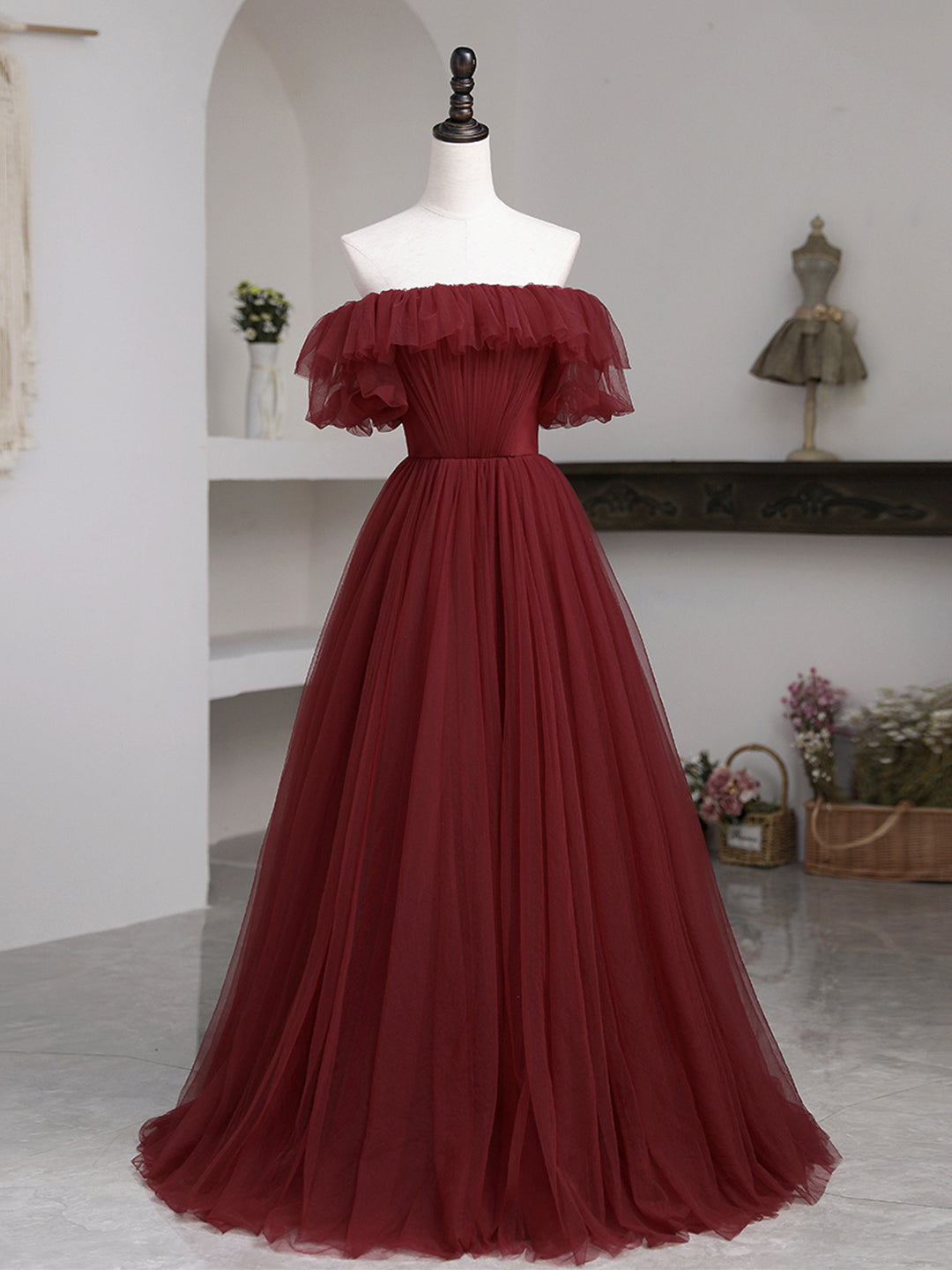 Burgundy Tulle Floor Length Prom Dress, Simple A-Line Evening Party Dress