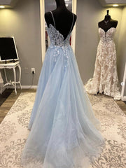 Blue Spaghetti Strap Tulle Long Prom Dress with Lace, A-Line Evening Party Dress