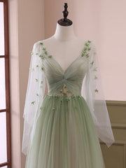 Light Green Tulle Long Sleeve Prom Dress, Green Gradient Floor Length Evening Dress