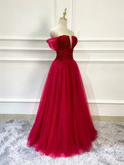 Burgundy Tulle Beaded Long Formal Dress, Off Shoulder Evening Party Dress