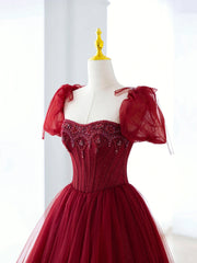 Burgundy Tulle Beaded Long Prom Dress, A-Line Formal Evening Dress