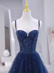 Blue Tulle Beaded Long Formal Dress, Blue Evening Dress