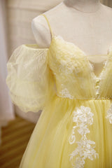 Yellow Lace Short Prom Dress, Off the Shoulder Homecoming Dress