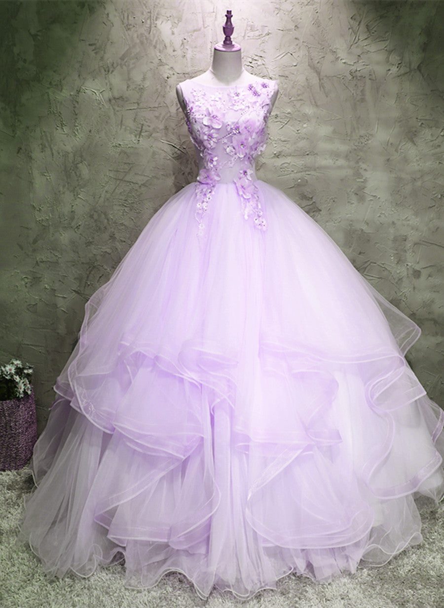 Lavender Tulle with Flowers Ball Gown Sweet 16 Dress, Lavender Long Formal Dress