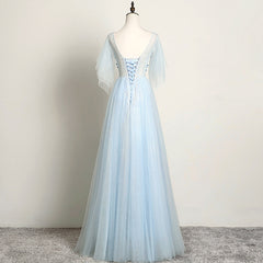 Light Blue Flower Lace V-neckline Puffy Sleeves Long Party Dress, Blue Prom Dress Evening Dress