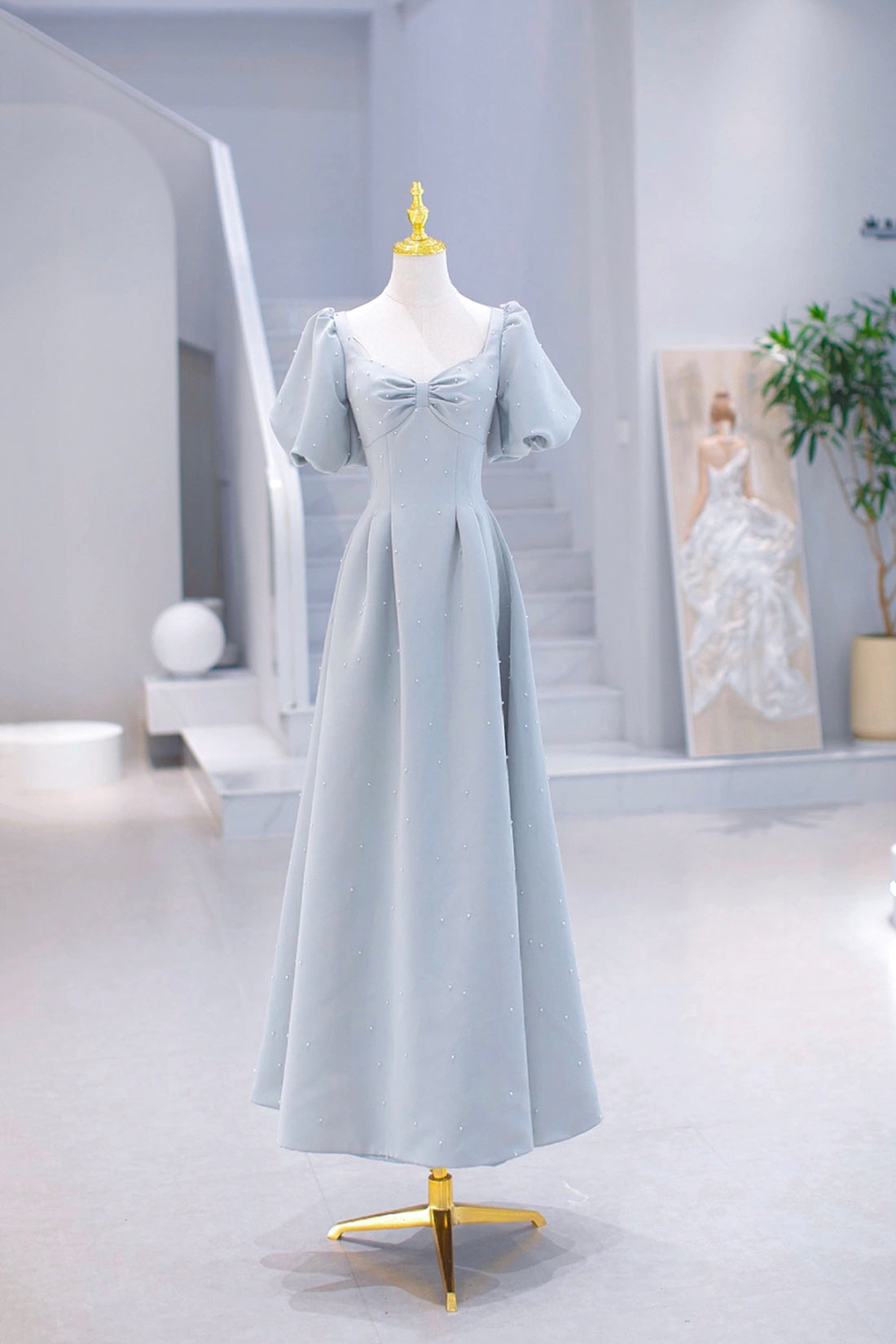 Light Blue Satin Long Prom Dress with Pearls, A-Line Short Sleeve Party Dress