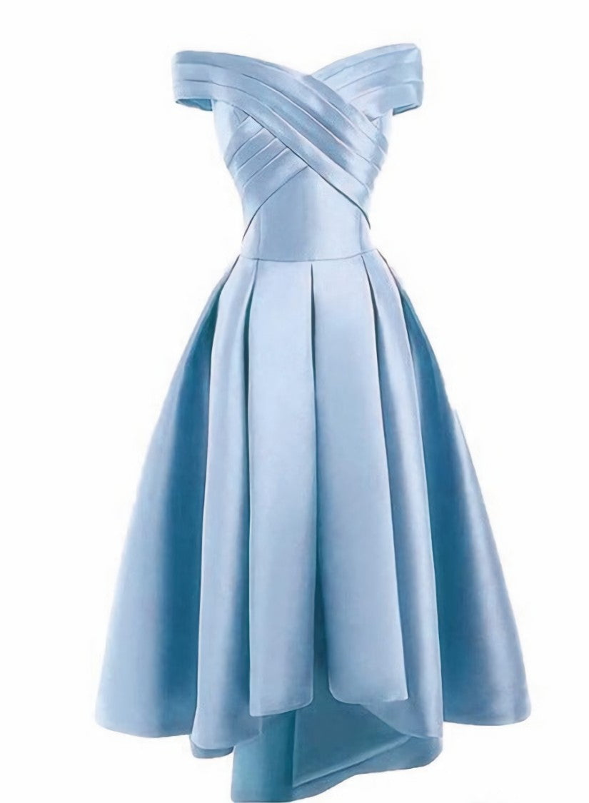 Light Blue Satin Off Shoulder High Low Party Dress Homecoming Dresses, Short Prom Dress