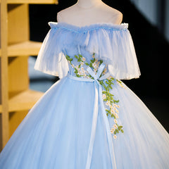 Light Blue Tulle Off Shoulder with Lace Applique Prom Dress, Blue Long Party Dress