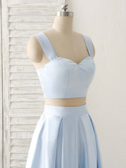 Light Blue Two Pieces Satin Long Prom Dress Simple Evening Dress