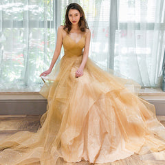 Light Champagne V-neckline Layers Straps Shiny Tulle Party Dress, Champagne Evening Gown Formal Dress