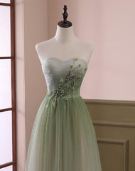 Light Green Gradient Tulle Long Formal Dress, Green Beaded Sweetheart Prom Dresses