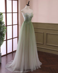 Light Green Gradient Tulle Long Formal Dress, Green Beaded Sweetheart Prom Dresses