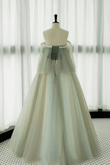 Light Green Off Shoulder Tulle with Lace Long Prom Dress, A-line Green Party Dress