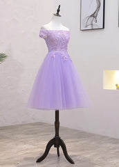 Light Purple Lace And Tulle Off The Shoulder Homecoming Dress