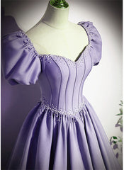 Light Purple Satin Short Sleeves Beaded Party Dress, A-line Long Prom Dress