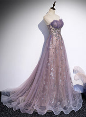 Light Purple Tulle with Lace A-line Floor Length Party Dress, Light Purple Evening Dress