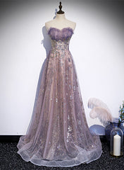 Light Purple Tulle with Lace A-line Floor Length Party Dress, Light Purple Evening Dress