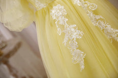 Light Yellow Tulle with Lace Puffy Sleeves Party Dress, Yellow Homecoming Dresses