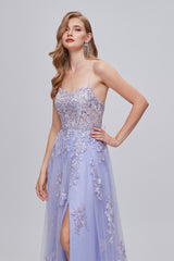 Lilac Appliques Lace-Up A-Line Long Prom Dresses with Slit