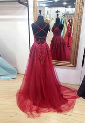 Burgundy V-Neck Lace Long Prom Dresses, A-Line Evening Dresses