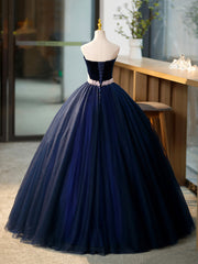 Blue Tulle Long Formal Dress with Velvet, Blue Sweetheart Neck Prom Dress