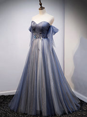 Blue Sweetheart Tulle with Lace Party Dress, Blue Long Formal Dress