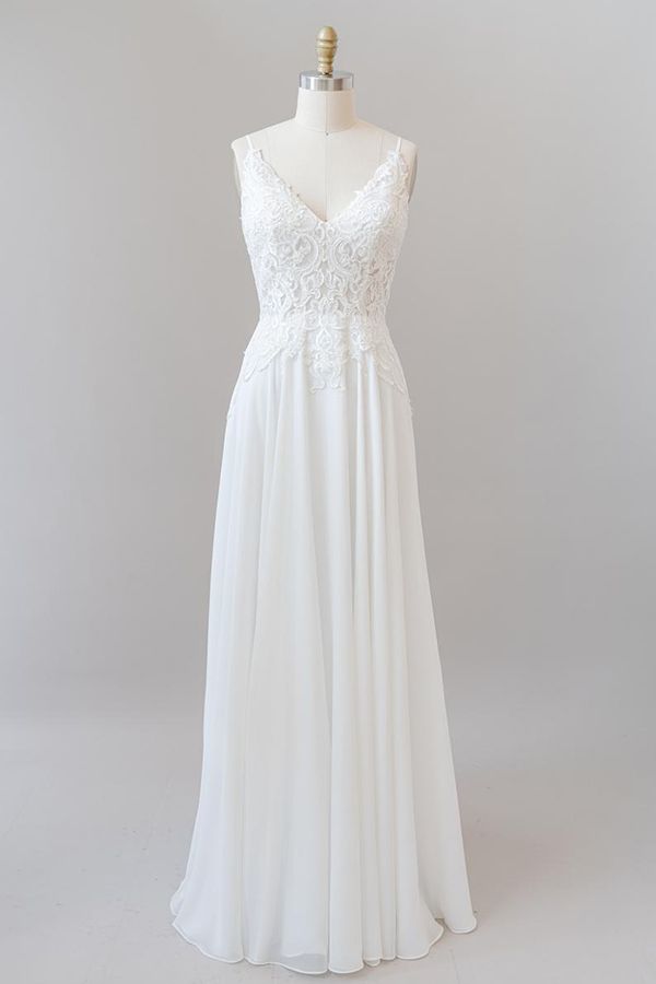 Long A-line Sweetheart Spaghetti Strap Appliques Chiffon Wedding Dress