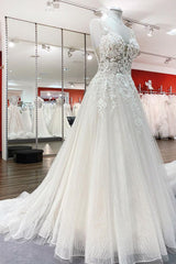 Long A-line Sweetheart Tulle Open Back Wedding Dress