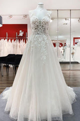 Long A-line Sweetheart Tulle Open Back Wedding Dress