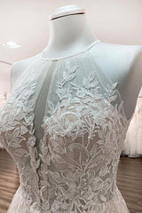 Long A-line Tulle  Open Back Halter Sleeveless Lace Wedding Dresses