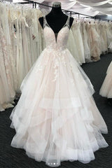 Long A-line Tulle V Neck Open Back Layered Wedding Dress