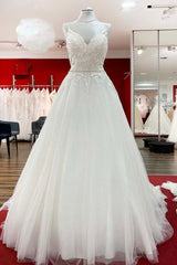 Long A-line V-neck Spaghetti Straps Backless Wedding Dress with Lace