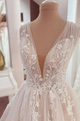 Long A-Line V-neck Wide Straps Appliques Lace Tulle Wedding Dress