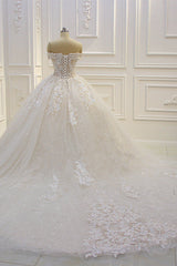 Long Off the Shoulder Sweetheart Ball Gown Sequin Appliques Lace Wedding Dress