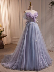 Long Purple Tulle Prom Dresses, Long Purple Tulle Formal Evening Dresses