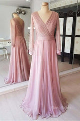 Long Sleeves V Neck Pink Chiffon Long Prom Dress, Long Sleeves Pink Bridesmaid Dress, Pink Formal Evening Dress