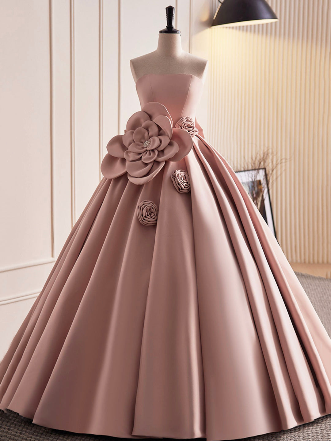 Pink Strapless Satin Long Prom Dress, Beautiful A-Line Evening Dress