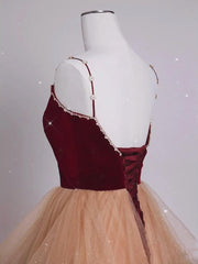 Lovely Champagne Tulle and Wine Red Velvet Straps Prom Dress, A-line Long Party Dress