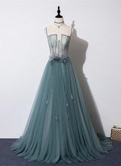 Lovely Green Tulle Lace Top Long Strapless Handmade Prom Dress,Tulle Evening Dress Party Dress