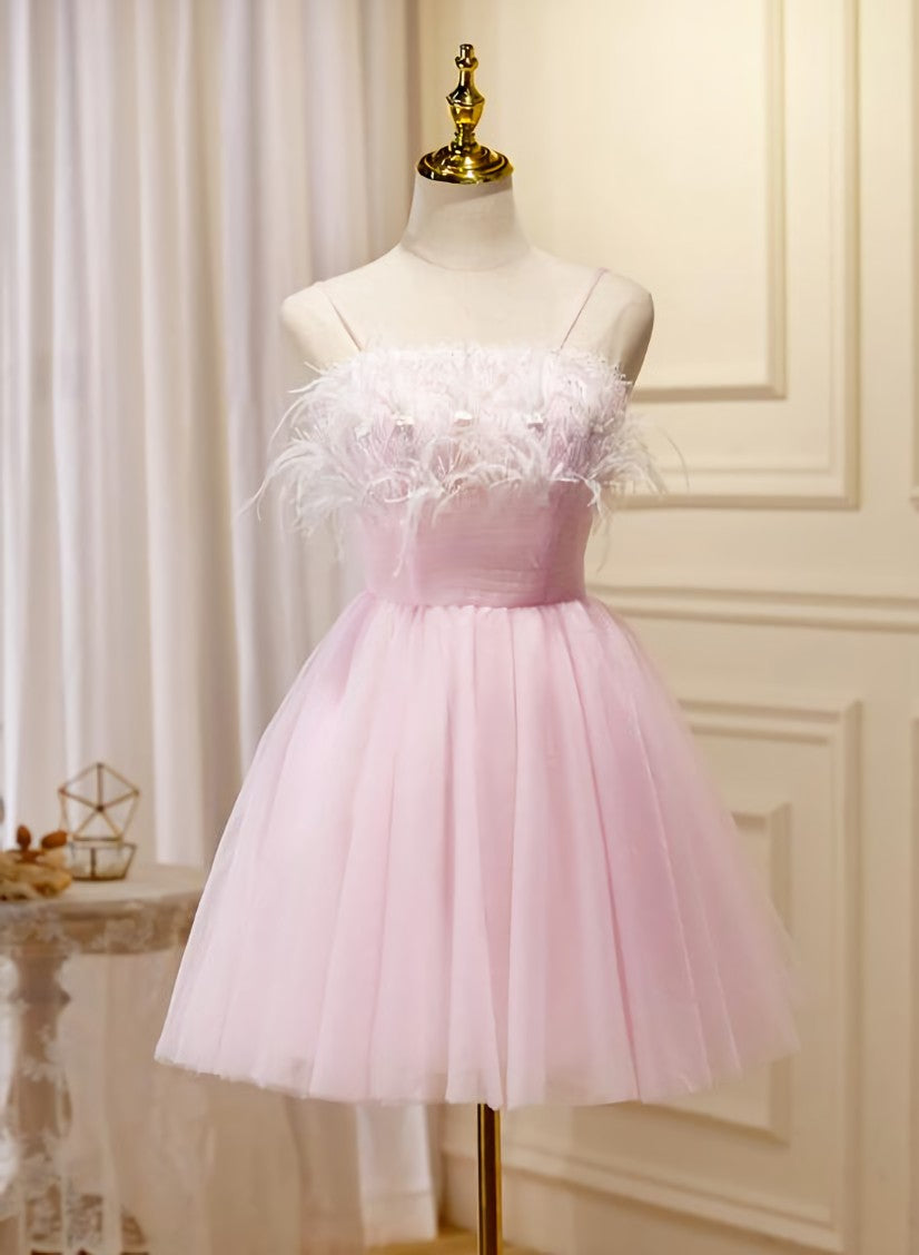 Lovely Pink Tulle Straps Knee Length Party Dresses, Pink Short Prom Dresses