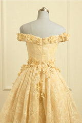 Lovely Yellow Off Shoulder Lace High Low Party Dress, Yellow Formal Dress