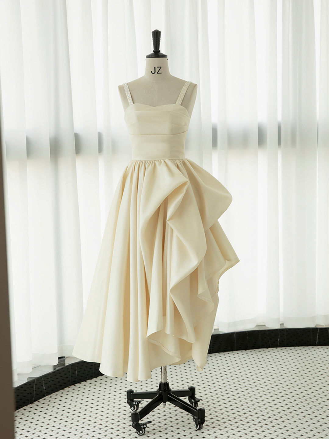 Irregular Champagne Tea Length Prom Dress, Simple A-Line Evening Party Dress