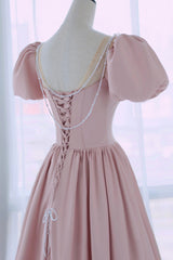 Pink Satin Long A-Line Prom Dress, Cute Short Sleeve Evening Dress