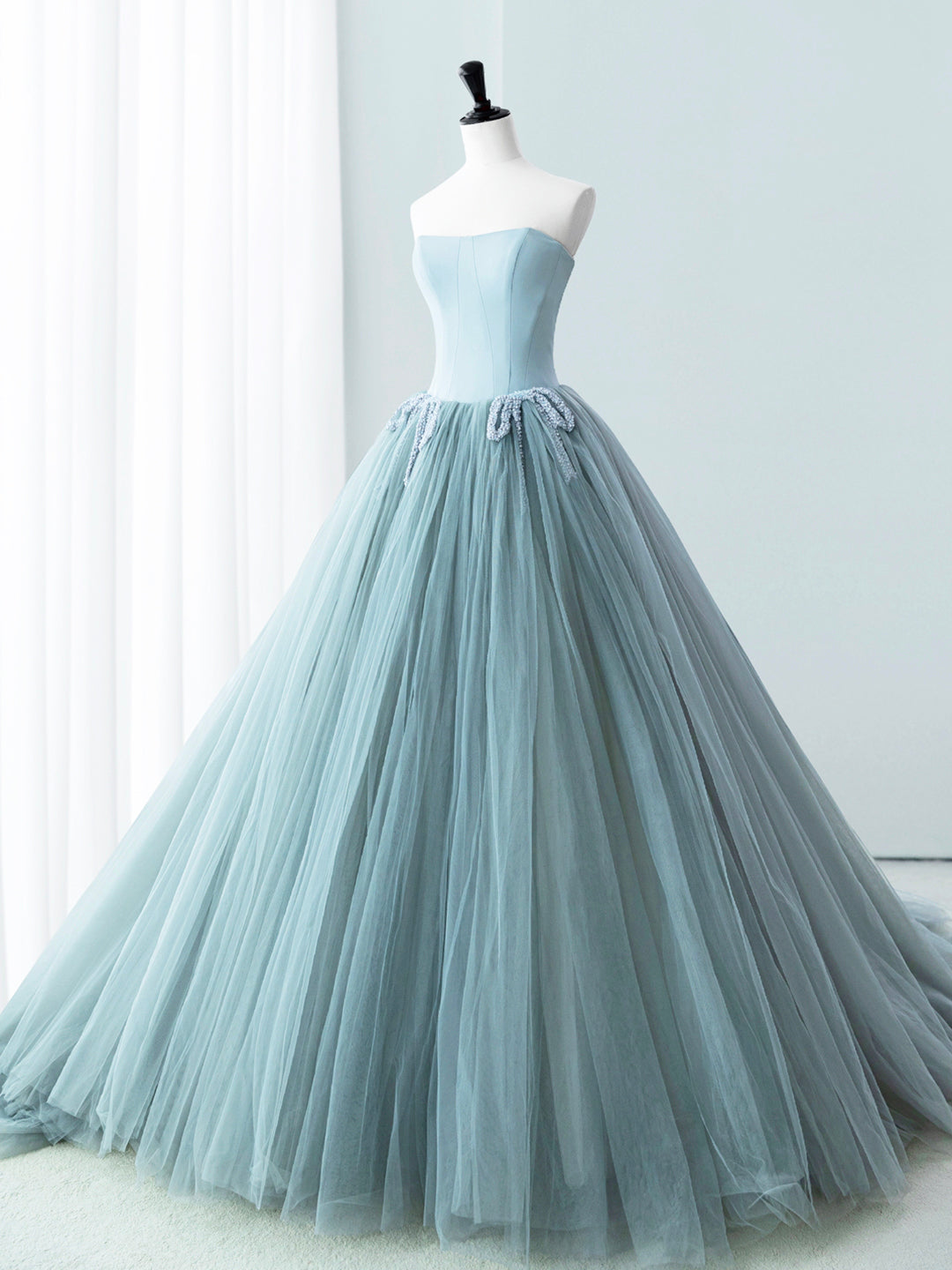 Blue Satin Tulle Long Prom Dress, Lovely Strapless Evening Dress