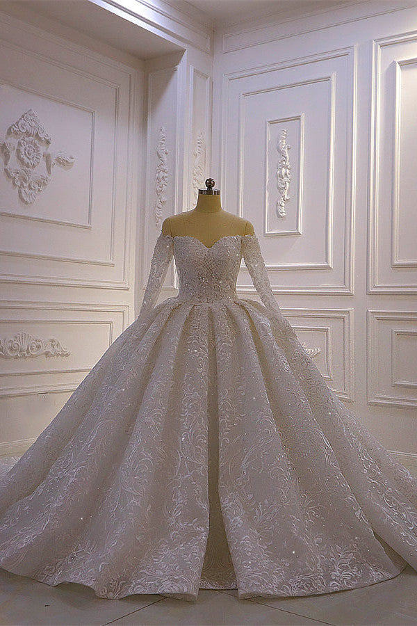 Luxurious Ball Gown Long Sleevess 3D Lace Sweetheart Long Wedding Dresses