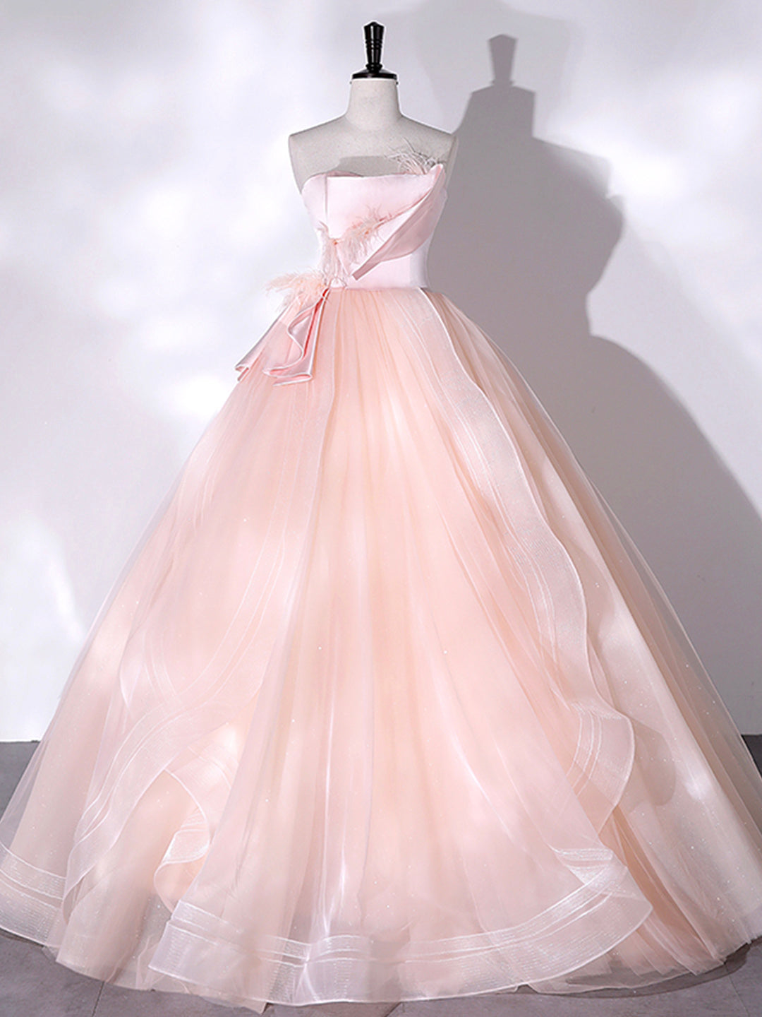 Pink Strapless Tulle Long Formal Dress, Pink A-line Prom Dress with Feathers