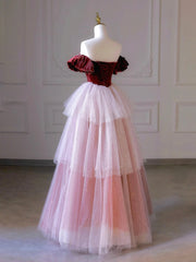 Burgundy Velvet and Layers Tulle Long Prom Dress, Off the Shoulder A-Line Evening Party Dress