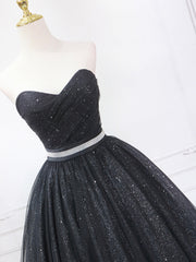 Black Shiny Tulle Tea Length Prom Dress, Black Strapless A-Line Party Dress