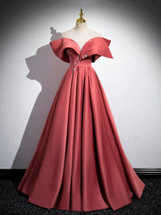 Beautiful Satin Off Shoulder Long Party Dress, A-Line Pearl Floor Length Prom Dress